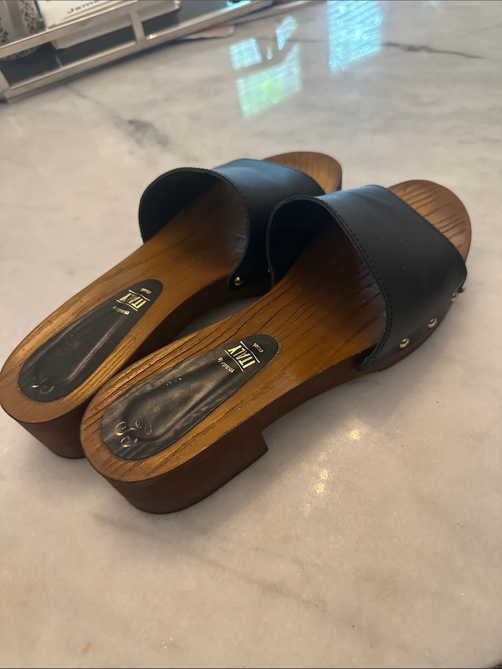 Seychelles Black Leather Slide Mules with Wood-Tone Footbed